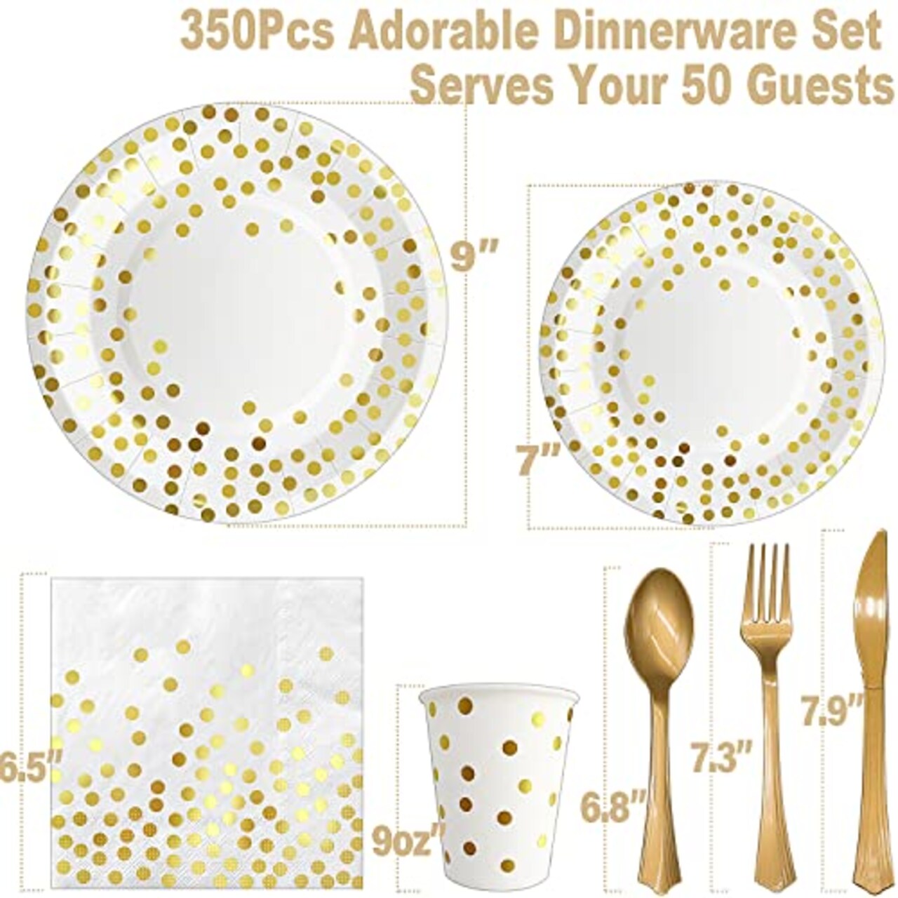 350 Pieces White and Gold Plastic Dinnerware Set, Includes 9" Dinner Plates, 7" Dessert Plates, 9oz Cups, Napkins, Forks, Knives, Spoons